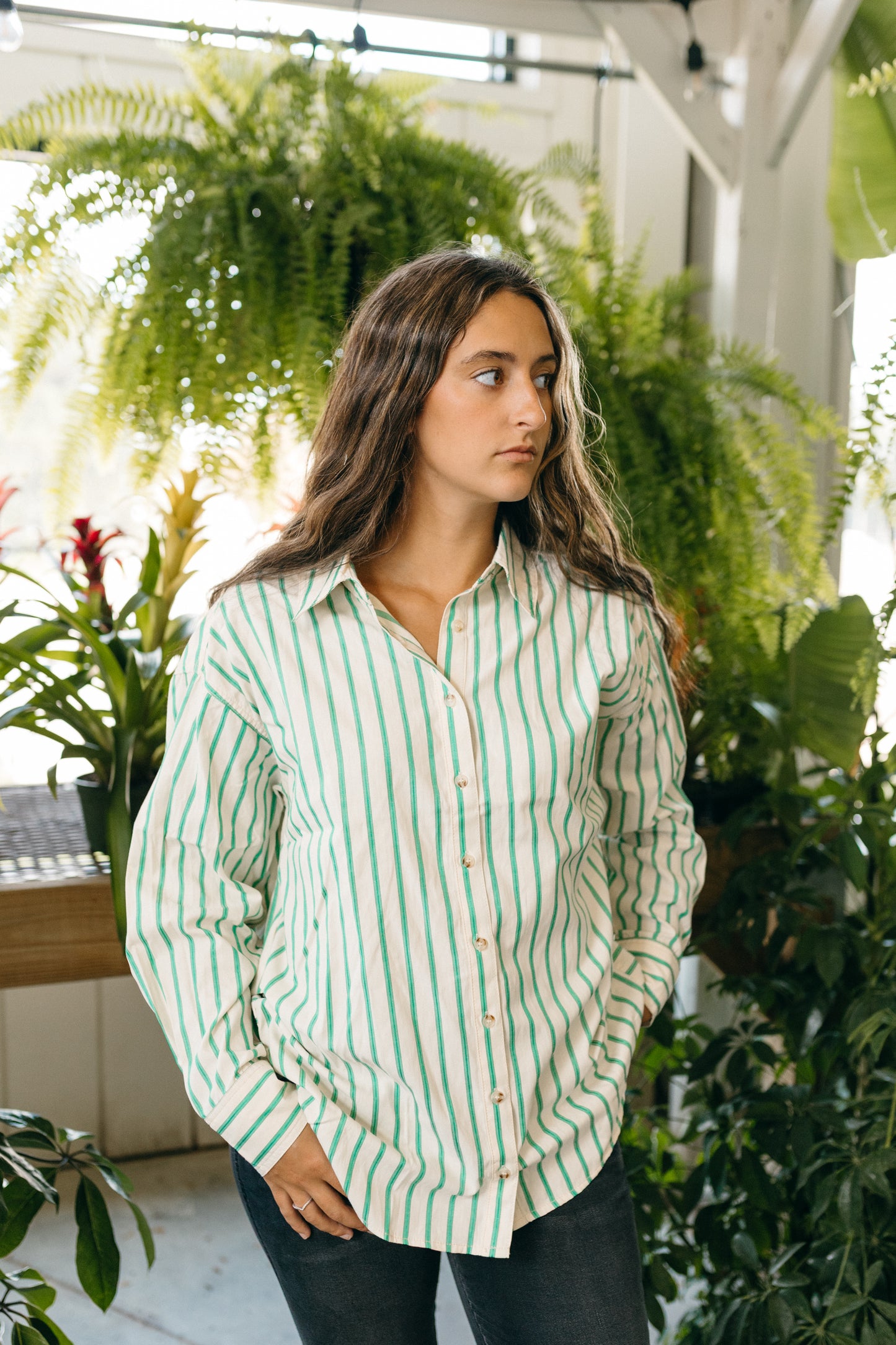 Green Stripe Button Down Top